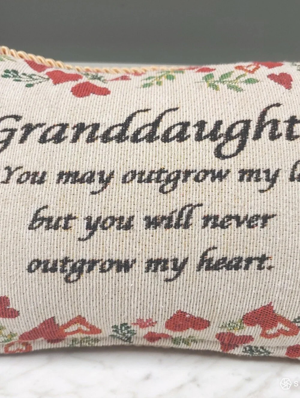 Vtg Granddaughter Tapestry Rectangle floral hearts cream red zip cottage pillow